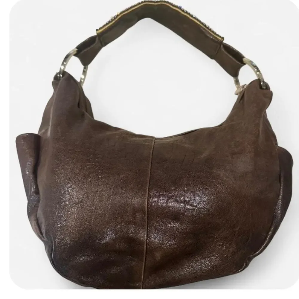Y2K DXtouch Italy Chocolate Brown Leather Crescent Hobo Rhinestone Strap